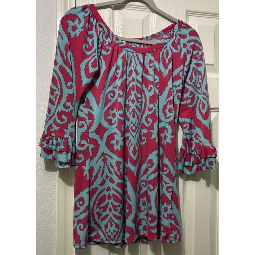 Cezanne Blue & Pink Scoop Neck Tunic Top Flared 3/4 Ruffle Sleeves Blouse Small